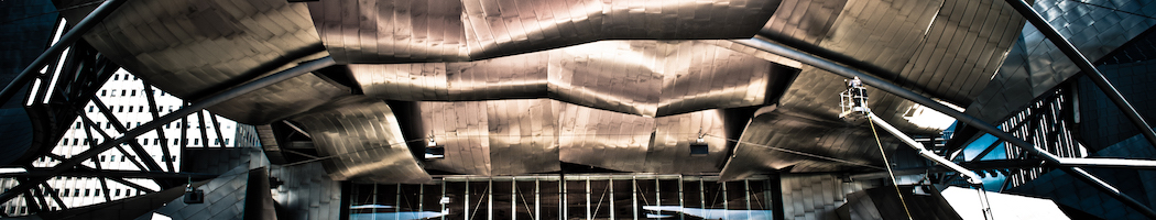 ceiling at Millenium Park, Chicago, with many curved, overlapping, metallic tiles