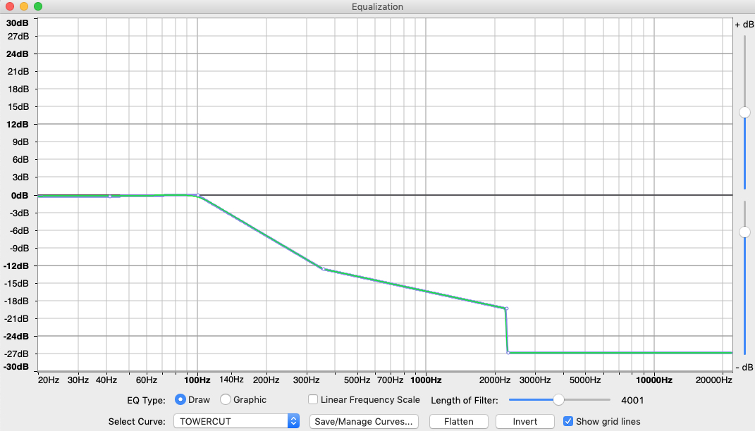 A dialog box in Audacity illustrates a custom EQ curve titled towercut.